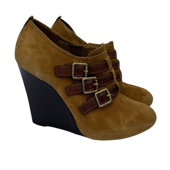 Tory Burch Gabrielle Brown Suede Wedge Booties Almond Toe & Tri-Buckle, Size 7M - Picture 3 of 12